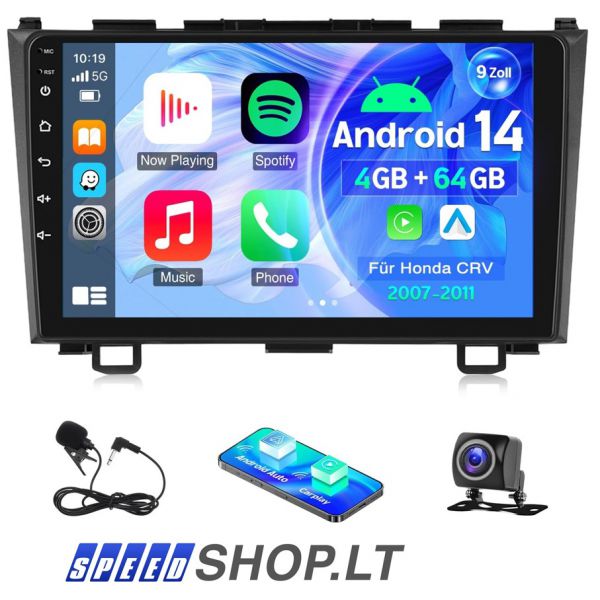 Honda CRV 4+64G „Android 14 Multimedia 8 branduoliai, 2 DIN skirtas su belaidžiu „Carplay“, „Android“ automobilio 9 colių IPS ekranu, DSP, „Bluetooth EQ“, FM RDS, navigacija, „WiFi“, vairo valdymas, DAB+, galinio vaizdo kamera